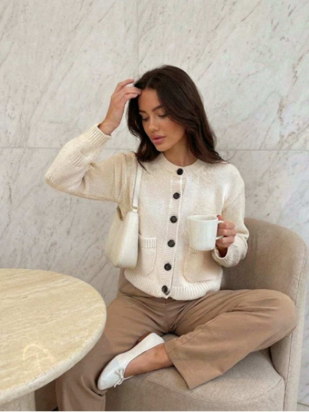 Cream Button-Front Knit Cardigan